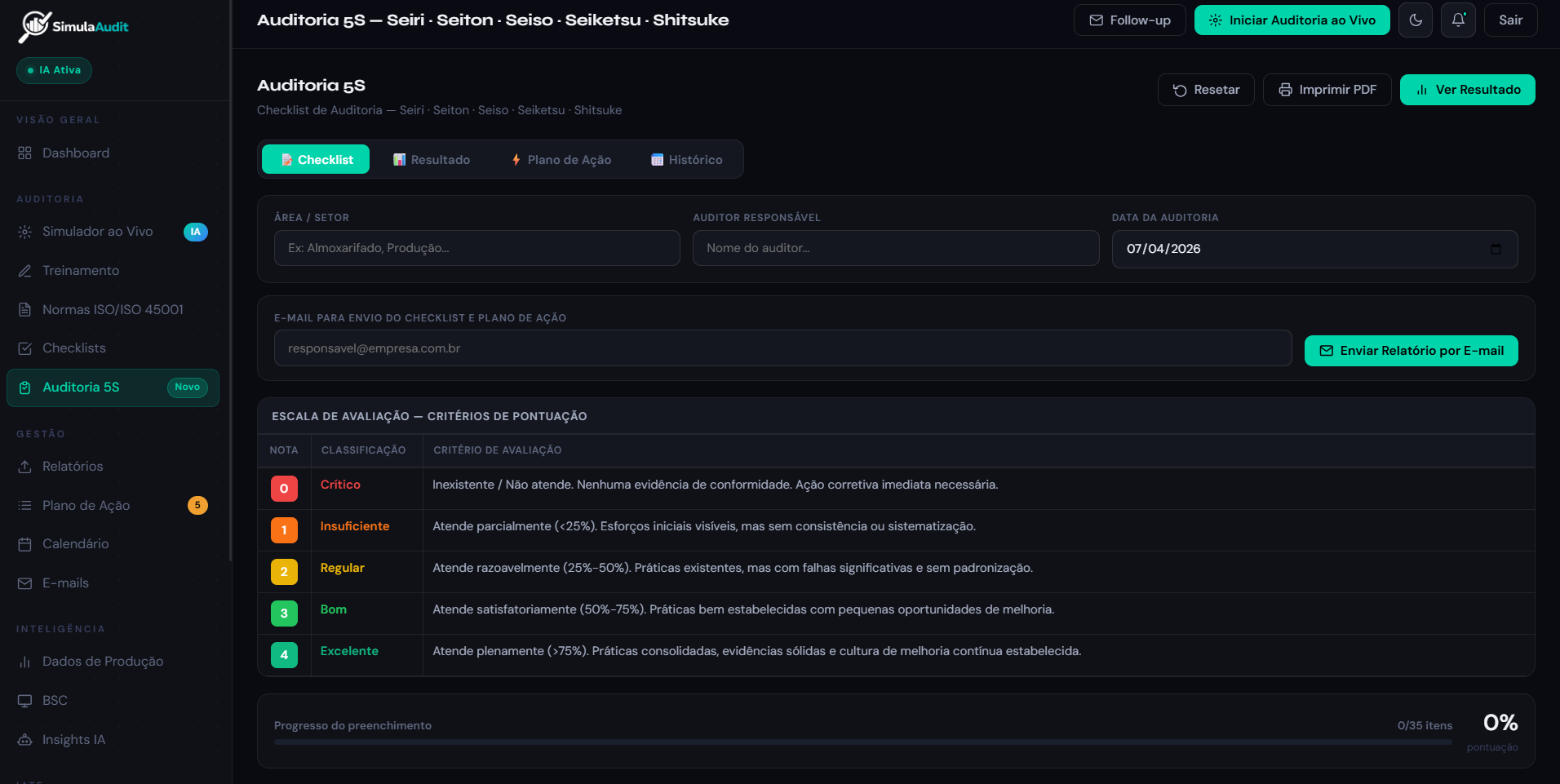 Auditoria 5S — simulação e diagnóstico de ambiente de trabalho